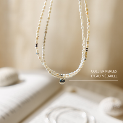 Collier perles d'eau médaille argent 925