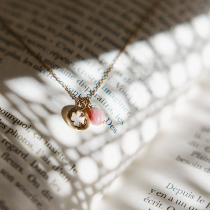 Collier médaille trèfle et tourmaline rose