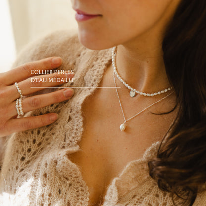 Collier perles d'eau médaille argent 925