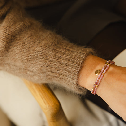 Bracelet double tourmaline rose facettée – plaqué or