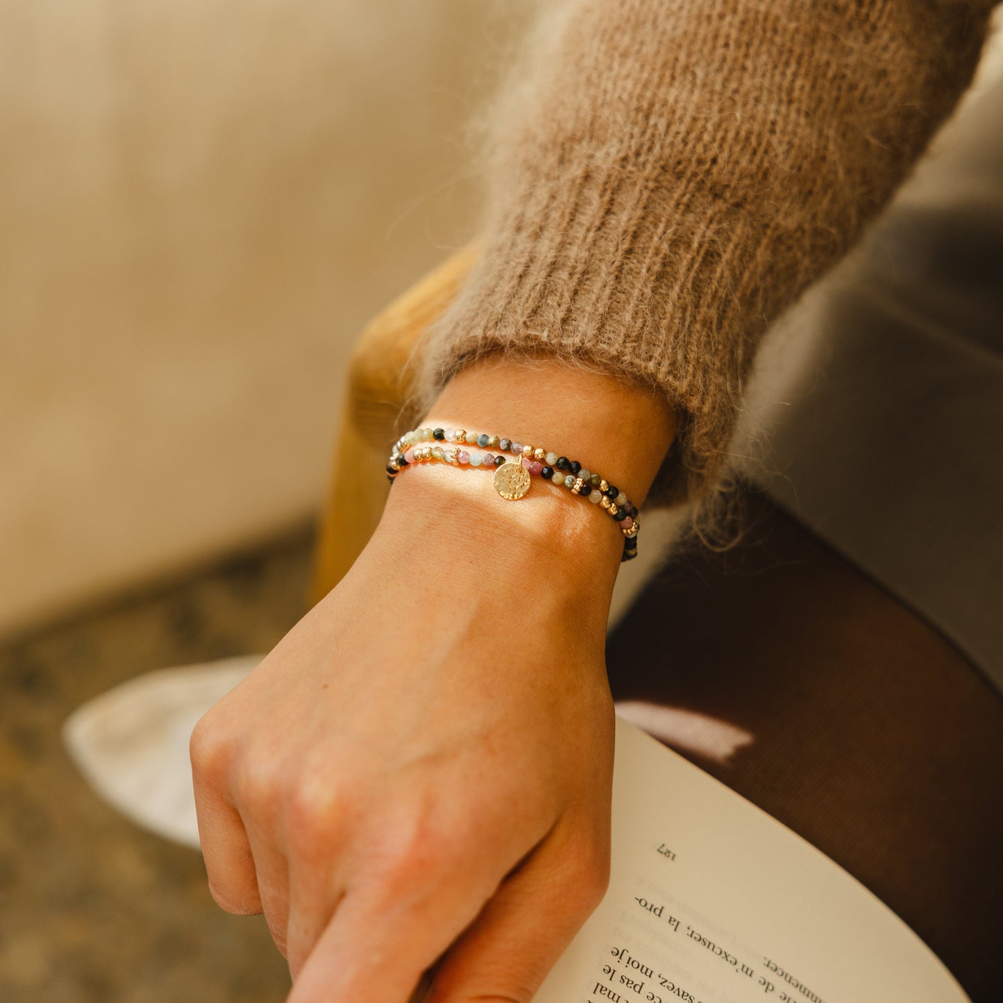Bracelet double tourmaline multicolore facettée – plaqué or
