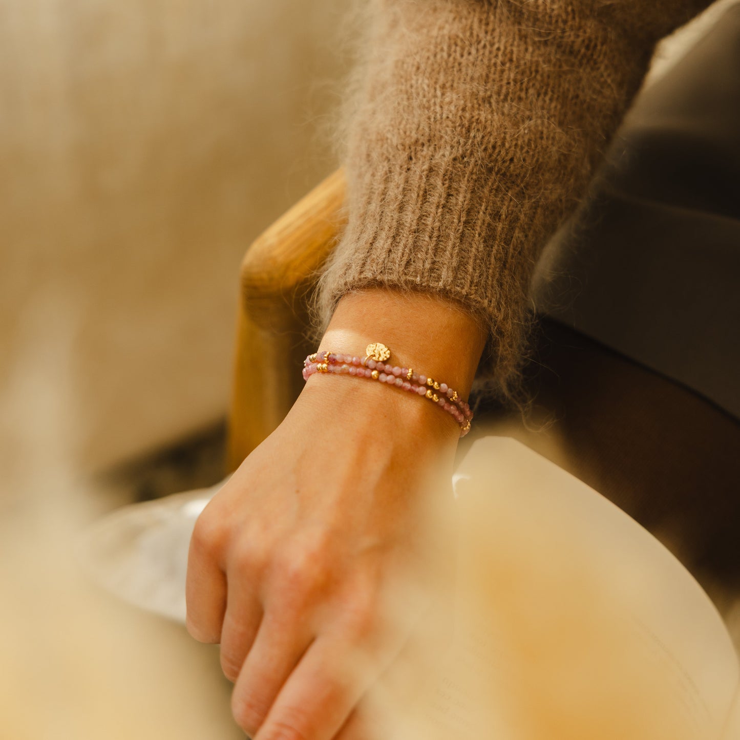 Bracelet double tourmaline rose facettée – plaqué or
